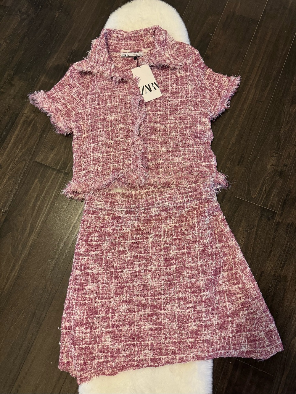 Zara Pink and White Bouclé blouse and skirt 2 piece set